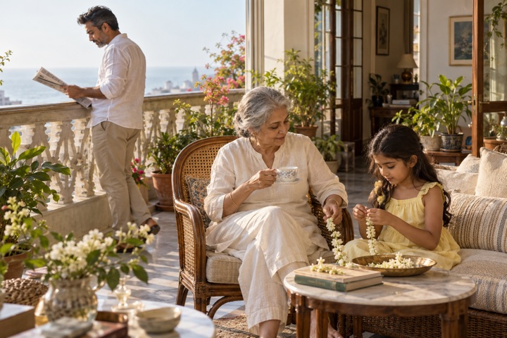Three generations on the verandah of an old Mumbai apartment on a Sunday morning: a grandmother with tea, her son with a newspaper, a girl stringing jasmine.