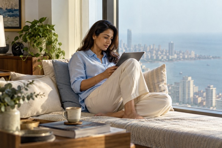 A woman reading on a tablet in a window seat high above the city and the sea.